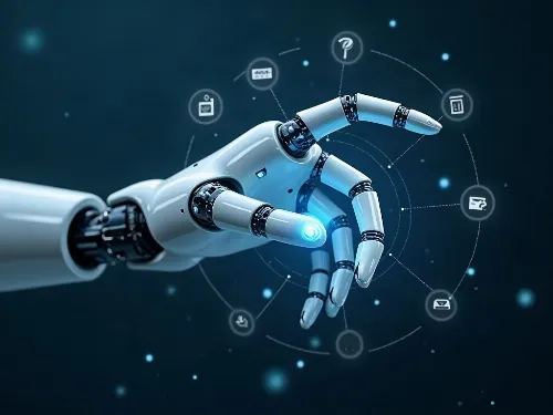 AI robot working on a dashboard with automation symbols